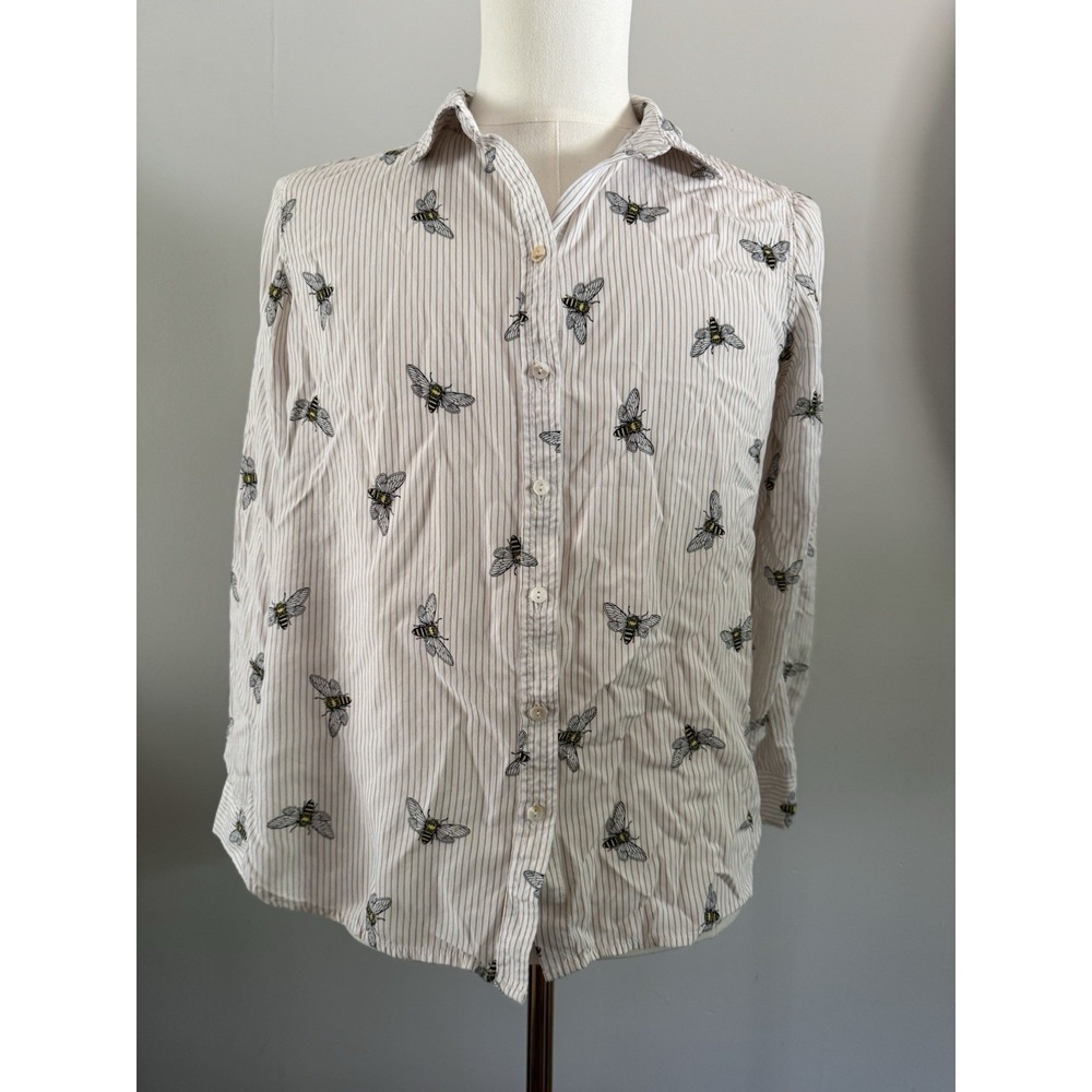 Jane + Delancey Honey Bee Long Roll Tab Sleeve Button Up Shirt Blouse L White